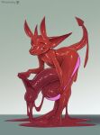  balls big_balls big_penis bottomwear clothing demon eyebrows foreskin foreskin_play foreskin_pull genitals glistening glistening_arms glistening_balls glistening_body glistening_ears glistening_face glistening_genitalia glistening_goo glistening_penis glistening_skin glistening_snout glistening_tail goo_creature goo_drip hi_res holding_foreskin holding_penis huge_balls huge_penis imp latex latex_creature liquid_latex looking_at_viewer male penis plumlucky raised_eyebrow raised_tail red_body simple_background solo tail tight_bottomwear tight_clothing 