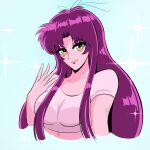  1980s_(style) 1girl blue_background closed_mouth collar crop_top cropped_torso curtained_hair eiyuu_densetsu english_commentary floating_ribbon hair_ribbon highres james_(sirjames079) kuro_no_kiseki_(series) light_smile long_hair long_sidelocks looking_at_viewer midriff parted_bangs purple_hair renne_(eiyuu_densetsu) retro_artstyle ribbon shirt short_sleeves sidelocks simple_background solo sparkle upper_body white_shirt yellow_eyes 