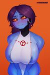  1girl absurdres alien areola_slip biting_own_lip blue_skin blush body_freckles borrowed_character breasts colored_sclera colored_skin commentary curvy english_commentary facing_viewer freckles highres huge_breasts k'ino_(tonka_kryga) long_hair naked_tabard no_nose orange_background orange_sclera original purple_hair sideboob solo sundered_(artist) sweaty_breasts t'au tabard twitter_username v_arms warhammer_40k white_tabard yellow_eyes 