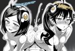  1boy 2girls :3 ahoge araragi_karen araragi_tsukihi bakemonogatari blush breasts bright_pupils buttjob collarbone commentary completely_nude cooperative_buttjob cum egg_hair_ornament ejaculation english_commentary english_text ffm_threesome food-themed_hair_ornament greyscale group_sex hair_between_eyes hair_ornament highres implied_incest kunitoro_(artist) looking_at_viewer medium_breasts monochrome monogatari_(series) multiple_girls naughty_face nipples nose_blush nude open_mouth penis pov projectile_cum seductive_smile short_hair side_ponytail smile swept_bangs teamwork_(sexual) threesome uncensored 