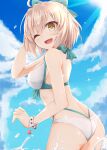  1girl absurdres aqua_bow ass bangs bikini blonde_hair blue_sky bow bracelet cloud cloudy_sky commentary_request cowboy_shot day droplet eyebrows_visible_through_hair fate/grand_order fate_(series) from_behind hair_bow halterneck hand_on_own_head highres jewelry kuzukiri_(riezenagel) looking_at_viewer looking_back multi-strapped_bikini okita_souji_(fate)_(all) okita_souji_(swimsuit_assassin)_(fate) one_eye_closed open_mouth outdoors partial_commentary short_hair sky smile solo sparkle splashing standing swimsuit water white_bikini yellow_eyes 