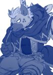  2026 anthro blue_and_white boots clothing footwear gloves greyscale gun handwear hi_res hood hyena lifewonders live_a_hero male mammal monochrome ranged_weapon robe roiker sakuhuu shoes simple_background solo spotted_hyena star_pattern weapon white_background 