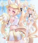  1girl absurdres animal_ears bare_shoulders bird blonde_hair blue_archive blue_necktie blush cheerleader choker commentary_request crop_top elbow_gloves extra_ears fox_ears fox_tail gloves grin halo highres holding holding_pom_poms klash leg_up long_hair looking_at_viewer multicolored_skirt navel necktie open_mouth pleated_skirt pom_pom_(cheerleading) purple_eyes sailor_collar seia_(blue_archive) shirt shoes skirt smile solo tail thick_thighs thighhighs thighs twintails visor_cap white_gloves white_sailor_collar white_shirt white_shoes white_skirt white_thighhighs yellow_halo yellow_skirt 