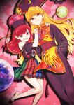  2girls barefoot black_dress black_hat black_shirt blonde_hair chain chinese_clothes closed_mouth commentary_request commission crescent_print dalachi_(headdress) dress earth_(ornament) gold_chain grin hands_on_another's_shoulders hat hecatia_lapislazuli junko_(touhou) long_hair long_sleeves looking_at_viewer moon_(ornament) multicolored_skirt multiple_girls off-shoulder_shirt off_shoulder phoenix_print pixiv_commission red_eyes red_hair red_tabard revision shikido_(khf) shirt short_sleeves skirt smile t-shirt tabard toes touhou underworld_(ornament) very_long_hair watermark 
