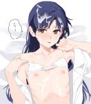  1girl blue_hair blush bra bra_lift breasts brown_eyes clothes_lift commentary_request cum cum_on_body facial flat_chest highres idolmaster idolmaster_(classic) kisaragi_chihaya lifting_own_clothes long_hair looking_at_viewer lying nipples nozawa_noko on_back open_clothes open_shirt ribs shirt solo translation_request underwear upper_body white_shirt 