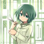  1girl :&lt; androgynous bangs border breast_pocket commentary cutting_hair dress_shirt expressionless green_background green_eyes green_hair haiiro_(immature) hair_between_eyes holding holding_scissors kino_(kino_no_tabi) kino_no_tabi light_blush looking_at_viewer pocket scissors shirt short_hair tomboy upper_body white_background white_shirt 