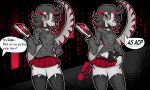  absurd_res annoyed anthro armed before_and_after bone bottomwear bottomwear_pull choker city city_background clothed clothed_anthro clothed_female clothing clothing_pull detailed_background dialogue dinosaur dromaeosaurid english_text eyewear female front_view frown glasses gothgator0 grey_clothing grey_hair grey_hoodie grey_legwear grey_thigh_highs grey_topwear gun hair hand_on_hip handgun hi_res holding_object hoodie interrobang jewelry kasey_(gothgator0) legwear long_hair long_tail looking_at_viewer markings microraptor miniskirt necklace offscreen_character pistol pose prehistoric_species ranged_weapon red_bottomwear red_clothing red_eyes red_hair red_skirt reptile restricted_palette round_glasses saurischian scalie skirt skirt_pull skull smile smug solo standing striped_markings stripes sunglasses tail talking_to_another text theropod thigh_highs topwear weapon 