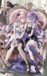  2girls absurdres ahoge aleph-1_(wuthering_waves) bare_shoulders black_bow black_dress black_shoes blue_eyes bow breasts chigusa7h colored_extremities colored_inner_hair commentary_request denia_(breakdown)_(wuthering_waves) denia_(wuthering_waves) dress dual_persona hair_bow hair_ornament highres long_hair looking_at_another medium_breasts multicolored_hair multiple_girls open_mouth pink_hair purple_eyes purple_hair reflection reflection_focus shoes sitting sleeveless white_dress wuthering_waves 