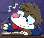  2d_animation ambiguous_gender animated anthro artist_name blinking blue_background blue_clothing blue_topwear book bow_tie brown_body brown_fur claws clothed clothed_ambiguous clothed_anthro clothing digital_drawing_(artwork) digital_media_(artwork) drilbur eyewear fur generation_5_pokemon glasses holding_object holding_pen male_(lore) musical_note musical_symbol narrowed_eyes nintendo open_book outline pattern_background pen pixel_(artwork) pixel_animation pokemon pokemon_(species) red_bow_tie simple_background smile solo symbol text topwear wearing_glasses white_body white_fur white_outline writing_text zandermanith 