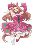  1girl absurdres animal_ears armpits bare_shoulders blue_eyes blush breasts brown_hair cleavage commentary curtained_hair detached_sleeves dress ear_ornament highres horse_ears horse_girl horse_tail kawakami_princess_(princess_of_pink)_(umamusume) kawakami_princess_(umamusume) large_breasts long_hair looking_at_viewer open_mouth pinepin pink_dress pink_sleeves simple_background sleeveless sleeveless_dress smile solo standing standing_on_one_leg tail thighhighs umamusume white_background white_thighhighs 