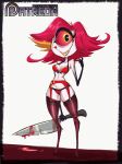  1girl black_panties blood blood_drip blood_on_knife bra breasts circle_facial_mark cleavage colored_sclera colored_skin colored_teeth cyclops darkminou demon_girl english_text facial_mark fewer_digits full_body garter_belt garter_straps hazbin_hotel hellaverse highres holding holding_knife knife lingerie looking_at_viewer navel niffty_(hazbin_hotel) one-eyed pale_skin panties patreon_logo patreon_username red_bra red_eyes red_garter_belt red_garter_straps red_hair red_panties red_sclera short_hair simple_background small_breasts smile solo stomach thighhighs thighs two-tone_panties underwear underwear_only white_background yellow_teeth 