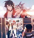  1other 3girls 5boys animal_ears aqua_eyes arm_around_neck artificial_flower artist_name astral_express_(honkai:_star_rail) bandaged_chest bandaid bandaid_on_face black-framed_eyewear black_gloves black_hair black_jacket black_pants black_scarf black_shirt blade_(honkai:_star_rail) blue_eyes blue_skirt blue_sky breasts brown_hair buttons caelus_(honkai:_star_rail) camera chinese_clothes closed_eyes closed_mouth clothes_around_waist cloud cloudy_sky coat collared_coat collared_shirt creature crossed_bangs dan_heng_(honkai:_star_rail) dan_heng_(hunt)_(honkai:_star_rail) dated day dress drill_hair drill_ponytail earrings feet_out_of_frame fingerless_gloves flower from_behind fur-trimmed_jacket fur_trim glasses gloves grey_hair grey_jacket hair_flower hair_ornament hair_ribbon halo halo_behind_head hand_on_another's_arm hand_up hands_up happy hat high_ponytail highres himeko_(honkai:_star_rail) honkai:_star_rail honkai_(series) hood hooded_jacket hz_kr indoors jacket jewelry large_breasts long_hair long_sleeves looking_at_another march_7th_(honkai:_star_rail) march_7th_(preservation)_(honkai:_star_rail) mortenax_blade_(honkai:_star_rail) multiple_boys multiple_girls open_clothes open_coat open_jacket open_mouth outdoors pants pink_hair pleated_skirt pom-pom_(honkai:_star_rail) ponytail purple_jacket purple_ribbon rabbit_ears red_coat red_hair red_hat red_jacket ribbon scar scar_on_face scarf semi-rimless_eyewear shirt short_hair sidelocks silver_wolf_(honkai:_star_rail) single_earring single_sidelock skirt sky smile standing sun sunday_(honkai:_star_rail) sunlight t-shirt tank_top tassel tassel_earrings trailblazer_(honkai:_star_rail) train two-sided_fabric two-sided_jacket upper_body watermark wavy_hair welt_yang white_dress white_jacket white_shirt white_tank_top yellow_eyes yellow_jacket 