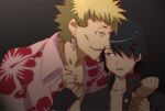  2boys araragi_koyomi black_hair clamp0328 commentary_request cross cross_earrings earrings facial_hair gakuran gloves goatee hair_over_one_eye hawaiian_shirt holding_another's_wrist jewelry looking_at_another male_focus monogatari_(series) multiple_boys oshino_meme pink_shirt school_uniform shirt short_hair single_earring single_glove white_hair yaoi 