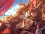  2girls black_dress black_hair blue_sky blush bottle breasts closed_mouth cloud commentary curtains day dress english_commentary h3p0 highres horizon horns indoors large_breasts long_hair multiple_girls ocean open_mouth original osu! revealing_clothes sky smile yuri 