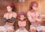  3boys abs amainu annoyed blush character_request clock crossed_arms earrings embarrassed glasses granblue_fantasy groin highres hot jewelry lodern_(granblue_fantasy) male_focus multiple_boys muscular muscular_male naked_towel navel nipples pectorals pointy_ears red_hair sauna short_hair shy spiked_hair steam sweat towel towel_around_waist very_sweaty wooden_wall yellow_eyes 