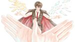  1boy 1other :d ^_^ absurdres belt black_coat black_hair black_pants black_vest blush chinese_commentary closed_eyes coat coat_on_shoulders collared_shirt commentary_request crystal_wings detached_wings hair_between_eyes highres holster limbus_company long_sleeves male_focus necktie open_hands open_mouth pants pov pov_hands project_moon red_necktie shirt simple_background smile solo_focus two-sided_coat two-sided_fabric vest white_background white_shirt wings xiaorourose yi_sang_(project_moon) 