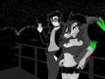  absurd_res anthro armwear beanie black_bottomwear black_clothing black_hair black_hotpants black_jacket black_shorts black_topwear bottomwear breasts choker cigarette clothed clothed_anthro clothed_female clothed_human clothed_male clothing crop_top dinosaur dromaeosaurid duo elbow_feathers eyebrow_piercing facial_piercing feathered_tail feathers female fingers fishnet_armwear fishnet_clothing front_view gothgator0 green_body green_eyes green_feathers grey_bottomwear grey_clothing grey_crop_top grey_hair grey_pants grey_shirt grey_topwear hair hand_in_pocket hat head_turned headgear headwear hi_res holding_cigarette holding_object hotpants human human_on_anthro humanoid_hands interspecies jacket jewelry katernia_(gothgator0) long_hair looking_at_viewer male male/female mammal medium_breasts midriff navel necklace night non-mammal_breasts non-mammal_navel open_clothing open_jacket open_topwear outside pants piercing plant pockets prehistoric_species reptile restricted_palette saurischian scalie shirt shorts sky smile smoke standing star starry_sky tail theropod topwear tree tristan_(gothgator0) velociraptor water 
