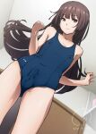  1boy 4690_(tkpbsk) bangs blunt_bangs brown_eyes brown_hair bulge closed_mouth covered_nipples covered_penis covered_testicles eyebrows_visible_through_hair highres hime_cut indoors long_hair looking_to_the_side male_focus original otoko_no_ko school_swimsuit sidelocks solo standing swimsuit 