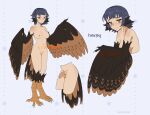  1girl absurdres animal_ears bag bird_ears bird_legs bird_tail black_feathers blue_hair blunt_bangs body_freckles breasts brown_eyes brown_feathers claws commentary commission feathered_wings feathers freckles futanari harpy highres looking_at_viewer medium_breasts monster_girl multiple_views navel nipples nude original penis pussy short_hair shoulder_freckles slit_pupils smile tail talons testicles twitter_username two-tone_wings uncensored unreal_fish winged_arms wings 