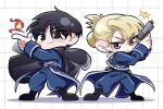  1boy 1girl aiguillette amestris_military_uniform belt black_boots black_coat black_eyes black_hair blue_pants blue_shirt blush boots brown_eyes chibi closed_mouth coat coat_on_shoulders collared_shirt commentary_request deformed dot_nose earrings fire full_body fullmetal_alchemist gun hair_up handgun holding holding_gun holding_weapon hongdr15 jewelry korean_commentary looking_to_the_side military_uniform pants piercing pyrokinesis riza_hawkeye roy_mustang shirt sideways_glance simple_background sleeve_cuffs standing stud_earrings weapon white_background white_belt white_trim wing_collar 