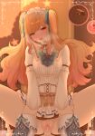  1boy 1girl absurdres akiyama_mizuki blonde_hair blush border bow bowtie breasts brown_ribbon cake center_frills chocolate_cake commentary dot_nose food frills green_bow green_bowtie green_ribbon hair_ribbon heart heart_in_eye hetero highres himitsu_no_valentine_daisakusen!_(project_sekai) holding_another's_wrists inset_border kaitou_shinshi_no_harahara!?_white_day_(project_sekai) long_hair long_sleeves looking_at_viewer medium_breasts neck_ribbon official_alternate_costume official_alternate_hairstyle open_mouth ornate_border out_of_frame penis pink_eyes project_sekai puffy_long_sleeves puffy_sleeves pussy raised_inner_eyebrows ribbon sex shirt sidelocks sincerelyasmos smile solo_focus spread_legs symbol_in_eye tenma_saki twintails vaginal very_long_hair white_shirt 