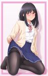  1girl akippoi_0919 black_hair black_pantyhose blush brown_eyes clothes_lift commentary_request glasses highres lifting_own_clothes original panties panties_under_pantyhose pantyhose pleated_skirt school_uniform shirt_lift skirt underwear 