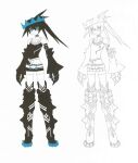  1girl armored_boots belt belt_skirt black_hair black_rock_shooter black_rock_shooter_beast blue_crown blue_eyes boots concept_art crown floating_crown highres huke long_hair skeletal_hand stitched_chest stitched_torso stitches twintails uneven_twintails 