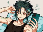  1boy ahoge alternate_costume anger_vein aqua_hair arm_tattoo bare_shoulders black_hair black_tank_top cellphone collarbone commentary empty_eyes eyeshadow facial_mark fingernails forehead_mark genshin_impact grey_background hair_between_eyes half-closed_eye hands_up highres holding holding_phone lightning_bolt_symbol looking_to_the_side lying makeup male_focus multicolored_hair muscular muscular_male on_back on_bed one_eye_closed orange_eyes phone pillow red_eyeshadow short_hair sidelocks simple_background sleepy sleepysomnii smartphone solo speech_bubble spoken_anger_vein tank_top tattoo teeth two-tone_hair upper_body xiao_(genshin_impact) 