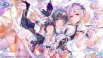  2girls anthropomorphism ass azur_lane black_hair blush bow breasts cat_smile cheshire_(azur_lane) cleavage flowers foo_midori garter_belt green_eyes headband headdress logo maid red_eyes ribbons rose short_hair sirius_(azur_lane) stockings white_hair wink wristwear 