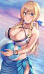  1girl amagi_korona ball bangs bare_shoulders beachball bikini blonde_hair blue_eyes blush bracelet breasts cleavage closed_mouth eyebrows_visible_through_hair hair_ornament hairclip highres jewelry large_breasts long_hair looking_at_viewer low_tied_hair low_twintails original sarong sky swimsuit twintails water x_hair_ornament 