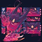  bilingual_commentary black_background commentary gengar grin highres limited_palette looking_at_viewer mega_gengar mega_pokemon mixed-language_commentary multiple_views no_humans pokemon pokemon_(creature) pokemon_focus red_eyes slit_pupils smile smirk teeth thatonehaxorus third_eye translation_request watermark 