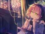  1girl aerial_fireworks at_computer brown_hair closed_mouth commentary doll english_commentary expressionless fireworks green_eyes grey_jacket headphones headphones_around_neck highres holding holding_stylus indoors jacket leenarie long_sleeves looking_outside looking_up monitor new_year night osu! pippi_(osu!) shirt short_hair solo stylus 