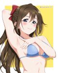  1girl absurdres arm_across_chest arm_behind_head armpits bare_arms bare_shoulders bikini blue_bikini blue_eyes blush bow breasts brown_hair cleavage closed_mouth collarbone commentary_request daydreamer_pk hair_between_eyes hair_bow highres long_hair looking_at_viewer love_live! love_live!_nijigasaki_high_school_idol_club medium_breasts osaka_shizuku presenting_own_armpit red_bow sideboob simple_background smile solo stomach swimsuit triangle_bikini_top twitter_username yellow_background 