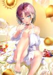  1girl absurdres ahoge asakura_tooru bare_legs bare_shoulders blue_eyes blue_hair blue_nails brown_hair commentary_request crumbs dress gradient_hair highres idolmaster idolmaster_shiny_colors indoors leg_up licking licking_finger looking_at_viewer multicolored_hair nail_polish on_bed puni_(punycolors) short_hair sitting sitting_on_bed snack solo toenail_polish toenails white_dress 