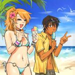  2girls :< :d ;< absurdres aqua_bikini aqua_panties beach bikini bird black_choker black_eyes black_eyeshadow blonde_hair boywhatttt bracelet breasts brown_hair choker closed_eyes collared_shirt cowboy_shot dark-skinned_female dark_skin drooling earrings emo_fashion english_commentary eyelashes eyeshadow eyeshadow_under_eye eyewear_on_head fang fang_out floral_print floral_print_bikini flower food gold_bracelet gold_earrings green_shorts hair_flower hair_ornament hibiscus highres holding holding_food holding_popsicle holding_shaved_ice holding_spoon implied_yuri jewelry looking_at_viewer makeup mole mole_on_arm mole_on_cheek mole_on_chest mole_under_eye mole_under_mouth mouth_drool multiple_bracelets multiple_girls multiple_moles o-ring o-ring_bottom o-ring_panties ocean one_eye_closed open_clothes open_mouth open_shirt original palm_tree panties pink_flower pixie_cut popsicle print_bikini sand scene_cut scene_fashion seagull shadow shaved_ice shirt short_sleeves shorts side-tie_panties single_earring single_sidelock sky small_breasts smile spoon studded_bracelet summer sunglasses swimsuit tomboy tree two-tone_flower underwear v yellow_flower yellow_shirt 