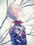  1boy blood blood_splatter blurry blurry_background bodysuit branch closed_mouth commentary_request crystal evangelion:_3.0_you_can_(not)_redo floating floating_object from_side grey_background grey_hair hajikkoneko highres looking_away male_focus nagisa_kaworu neon_genesis_evangelion plugsuit profile purple_bodysuit rebuild_of_evangelion red_eyes short_hair skin_tight smile solo upper_body 