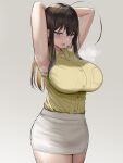  1girl ahoge armpits arms_up blue_eyes blush breasts brown_hair cowboy_shot eyebrows_visible_through_hair grey_background heavy_breathing high-waist_skirt highres large_breasts long_hair mole mole_on_armpit oekakizuki open_mouth original pencil_skirt simple_background skirt solo steam steaming_body thick_thighs thighs 