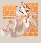  abstract_background absurd_res anthro arm_tuft belly brown_ears canid canine cheek_tuft collar dipstick_tail elbow_tuft facial_tuft feet filoubee fluffy fluffy_tail foot_focus fur handpaw head_tuft hi_res hindpaw looking_at_viewer lying male mammal markings neck_tuft on_back orange_collar pawpads paws pink_nose pink_pawpads raised_arm raised_leg simple_background smile solo tail tail_markings tan_body tan_fur tongue tongue_out tuft white_belly white_body white_fur white_head white_tail_tip 