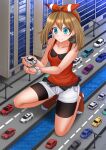  1girl bangs bare_arms bare_shoulders bike_shorts bike_shorts_under_shorts black_shorts blue_eyes blush brown_hair building camisole car closed_mouth commentary commission english_commentary eyebrows_visible_through_hair full_body giant giantess ground_vehicle hair_between_eyes hair_ribbon hairband highres holding kazenokaze lamppost lotus_(brand) lotus_evora may_(pokemon) motor_vehicle no_shoes one_knee pokemon pokemon_(game) pokemon_oras red_camisole red_hairband red_legwear red_ribbon ribbon road short_shorts shorts sidelocks smile socks solo vehicle_request water white_shorts window 