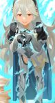 1girl :> absurdres armor aura black_gloves black_hairband blonde_hair blue_aura blue_cape cape closed_mouth commentary_request emblem_(fire_emblem_engage) female_corrin_(fire_emblem) fire_emblem fire_emblem_engage fire_emblem_fates gloves grey_thighhighs hairband highres interlocked_fingers kucheat_zg light_blush lips long_hair long_sleeves looking_at_viewer own_hands_clasped own_hands_together puffy_long_sleeves puffy_sleeves red_eyes smile solo thighhighs thighs toeless_legwear very_long_hair white_background 