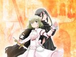  2girls armor back back-to-back back_bow back_cutout black_cloak black_dress black_hair blonde_hair bow breastplate cloak closed_mouth clothing_cutout cowboy_shot cross dot_nose dress epee frilled_dress frills from_behind game_asset greaves green_eyes holding holding_sword holding_weapon jeanne_d'arc_(madoka_magica) light_blush liz_hawkwood long_dress long_hair looking_at_another looking_back magia_record:_mahou_shoujo_madoka_magica_gaiden magical_girl mahou_shoujo_madoka_magica mahou_shoujo_tart_magica masu_gitsune multiple_girls official_art orange_background outline pantyhose pink_bow sheath short_hair single_bracer smile sword tabard tareme tsurime turtleneck turtleneck_dress unsheathing very_long_hair weapon white_dress white_outline white_pantyhose white_tabard white_wrist_cuffs wrist_cuffs 