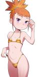  1girl absurdres bikini brown_hair cameltoe digimon digimon_tamers flat_chest gez1313 gold_bikini highres looking_at_viewer makino_ruki navel ponytail purple_eyes short_hair strap_pull swimsuit 
