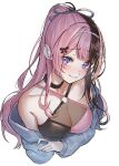  1girl arm_under_breasts bare_shoulders black_choker black_hair blush bow breasts choker cleavage commentary hair_bow high_ponytail highres light_smile long_hair looking_at_viewer medium_breasts multicolored_hair off_shoulder pink_hair ponytail purple_eyes ringozeri simple_background solo split-color_hair tachibana_hinano untranslatable_commentary upper_body virtual_youtuber vspo! white_background 