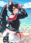  1girl :3 absurdres animal_ears arm_up beach bikini black_choker black_hair black_jacket blue_sky choker closed_mouth cloud commentary day deaver flipped_hair hair_ornament hairclip highres holding_own_ears hololive hood hooded_jacket jacket leaf_print long_hair looking_at_viewer multicolored_hair ocean official_alternate_costume official_alternate_hairstyle ookami_mio ookami_mio_(hololive_summer_2019) outdoors ponytail print_bikini red_streaks short_shorts shorts sidelocks single_hair_streak sitting sky solo streaked_hair swimsuit tail tail_through_clothes thigh_strap two-sided_fabric two-sided_jacket very_long_hair virtual_youtuber white_bikini white_shorts wolf_ears wolf_girl wolf_tail yellow_eyes 