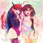  2025 2girls :d alternate_breast_size_(larger) alternate_costume alternate_eye_color alternate_hair_color artist_name asymmetrical_legwear bare_arms bare_shoulders black_hair black_nails black_shirt blue_hair blue_leotard blue_lips blue_wings blush bow bow_earrings bow_legwear bowtie bracelet breasts brown_hair checkered_clothes checkered_legwear checkered_leotard checkered_thighhighs cheek_tattoo choker cleavage clothing_cutout commentary commission cowboy_shot crop_top cropped_shirt demon_girl demon_horns double-parted_bangs dual_persona earrings english_commentary english_text eyeshadow facial_tattoo fatter_than_canon finger_to_mouth fingernails gold_bracelet gold_choker gold_earrings gold_halo gold_thighhighs gradient_clothes gradient_hair gradient_leotard gradient_wings green_eyes green_eyeshadow green_leotard green_nails green_wings grin hair_behind_ear hair_between_eyes hair_ornament hair_over_shoulder halo hands_up hatching_(texture) heart heart-shaped_pupils heart_hair_ornament heart_halo heart_tattoo highleg highleg_leotard highres holding_hands horns index_finger_raised interlocked_fingers jewelry lace-trimmed_thighhighs lace_trim leotard light_particles lips long_fingernails long_hair long_sleeves low_ponytail makeup mari_(faraway)_(omori) mari_(omori) medium_breasts mismatched_legwear mismatched_thighhighs multicolored_hair multicolored_leotard multicolored_thighhighs multicolored_wings multiple_bracelets multiple_girls nail_polish navel navel_cutout nostrils omori pink_bow pink_bowtie pink_eyeshadow pink_leotard pink_thighhighs plump plunging_neckline pointy_ears ponytail puffy_long_sleeves puffy_sleeves purple_horns purple_leotard raised_eyebrows red_bow red_eyes red_hair red_leotard red_pupils red_thighhighs red_wings shirt side-by-side sintastein sleeves_past_wrists smile something_(omori) sparkle speech_bubble standing stomach strapless strapless_leotard stud_earrings symbol-shaped_pupils tattoo teeth thick_thighs thighhighs thighs tongue traditional_bowtie turtleneck turtleneck_shirt two-tone_thighhighs two-tone_wings upper_teeth_only v-shaped_eyebrows very_long_hair white_leotard white_thighhighs wings yellow_choker yellow_halo yellow_leotard yellow_pupils yellow_thighhighs zipper_pull_tab 