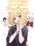  3girls :d ahoge alternate_hair_length_(shorter) black_shirt blonde_hair blue_neckerchief blush bob_cut bracelet cho_kaguya-hime! colored_inner_hair commentary_request cropped_torso green_eyes grey_hair hair_brush hair_ornament hair_rings hair_stick hands_on_own_cheeks hands_on_own_face hands_up head_tilt highres holding holding_hair_brush holding_scissors japanese_clothes jewelry kaguya_(cho_kaguya-hime!) kimono long_hair looking_at_viewer multicolored_hair multiple_girls neckerchief notice_lines open_mouth own_hands_together palms_together pink_hair purple_hair purple_kimono runami_yachiyo sailor_collar sakayori_iroha scissors shirt short_hair short_sleeves sidelocks smile translation_request upper_body very_long_hair vx60753069 white_sailor_collar white_shirt wide_sleeves 