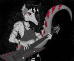  abstract_background absurd_res alternative_fashion anthro arm_tattoo athletic athletic_anthro athletic_male black_bottomwear black_clothing black_hair black_pants bottomwear bracelet choker clothing cropped_tank_top dinosaur electric_guitar finger_tattoo fingers frill_(anatomy) front_view frown gothgator0 grey_clothing grey_shirt grey_tank_top grey_topwear guitar hair half-length_portrait hi_res holding_guitar holding_musical_instrument holding_object humanoid_hands jewelry long_hair long_tail looking_at_viewer male markings musical_instrument necklace pants plucked_string_instrument portrait prehistoric_species punk red_eyes reptile restricted_palette saurischian scalie shirt shoulder_tattoo solo spiked_bracelet spikes spinosaurid spinosaurus standing string_instrument striped_markings stripes tail tank_top tattoo theropod topwear torn_bottomwear torn_clothing torn_pants 
