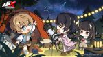  3girls arai_motoha artist_request backpack bag black-framed_eyewear black_hair blue_eyes brown_eyes brown_hair bug camping chibi constellation cricket flower glasses highres hiking_pole jacket lantern multiple_girls musical_note night noge_tomoko official_art open_mouth persona persona_5 persona_5:_the_phantom_x pointing pointing_up red_ribbon ribbon sitting skirt sky smile sparkling_eyes star_(sky) starry_sky string_of_light_bulbs tanemura_riko telescope tent third-party_source tree tree_stump 