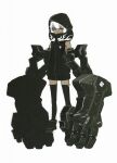  1girl black_hoodie black_rock_shooter black_thighhighs dark-skinned_female dark_skin flame_print high_collar highres hood hoodie huke mechanical_arms short_hair strength_(black_rock_shooter) thighhighs white_hair 
