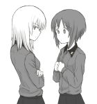  2girls bangs closed_mouth crossed_arms dress_shirt eyebrows_visible_through_hair girls_und_panzer greyscale hands_together itsumi_erika kuromorimine_school_uniform light_frown long_sleeves looking_at_viewer looking_back medium_hair monochrome multiple_girls mutsu_(layergreen) nishizumi_miho pleated_skirt school_uniform shirt short_hair skirt standing wing_collar 